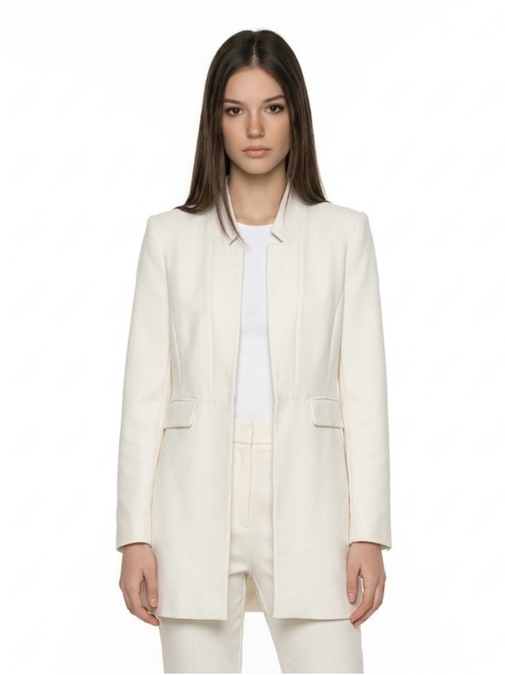 Zara Cream Longline Open Blazer Jacket - Tailored Minimalist
